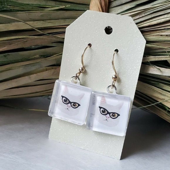 Bad Cat Craft Jewelry - Cat Earrings Crazy Cat Lady Earrings Cat in Glass